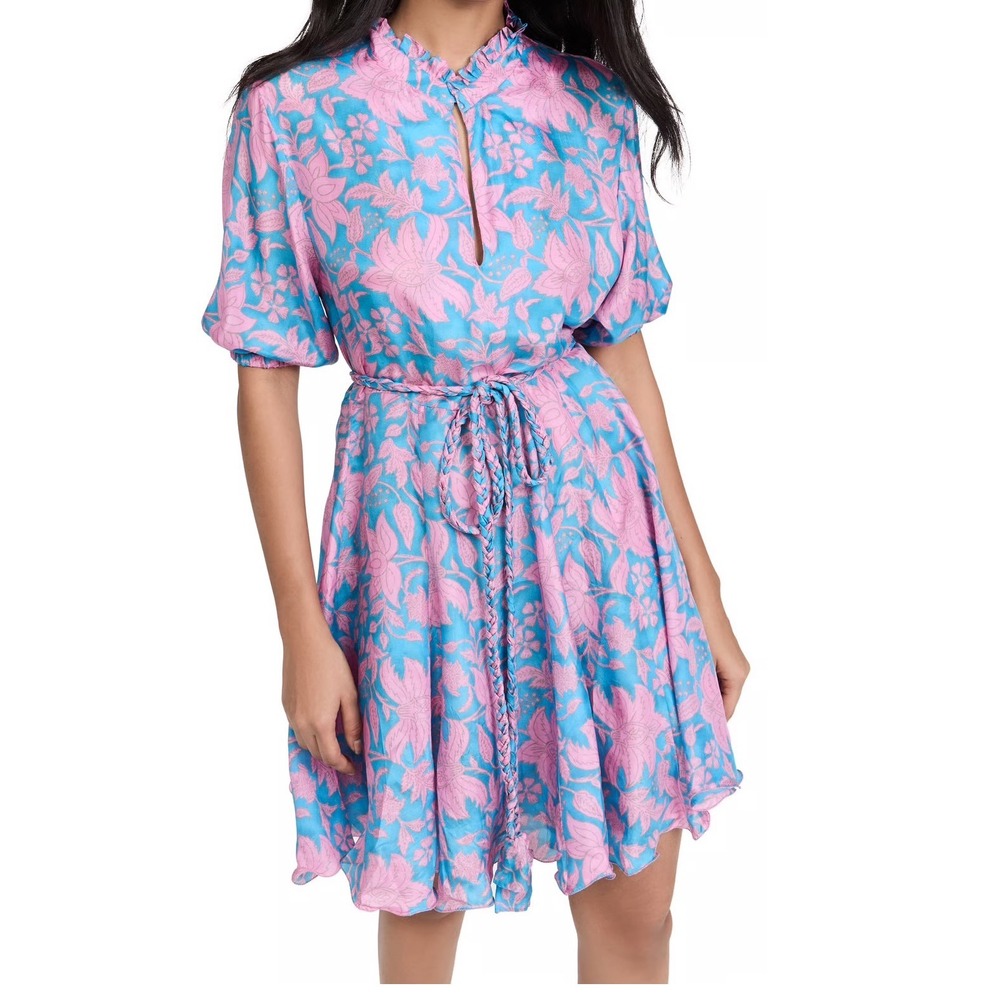 Hannah Artwear‎ Gaia Dress silk floral blue pink braided belt mini dress US 6